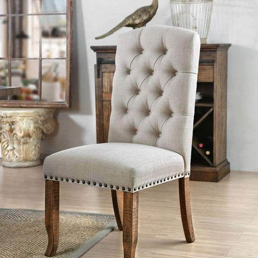Side Chair Set of 2 | Button Tufted Fabric | Cream Brown