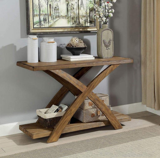 Wooden Sofa Table with Angled X-Shaped Base, Antique Light Oak Brown By Casagear Home