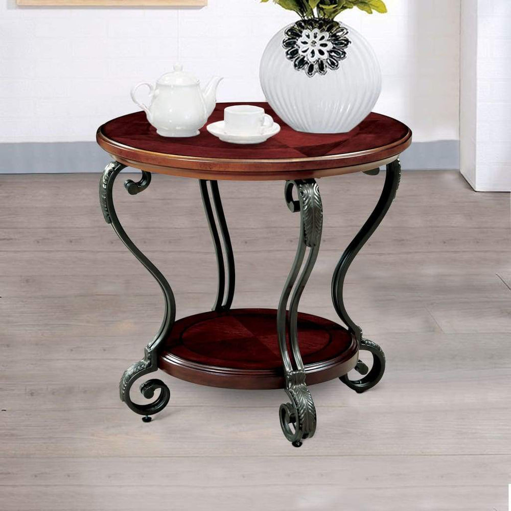 Keri End Table | Round Wood Metal | Scroll Details | Brown Finish