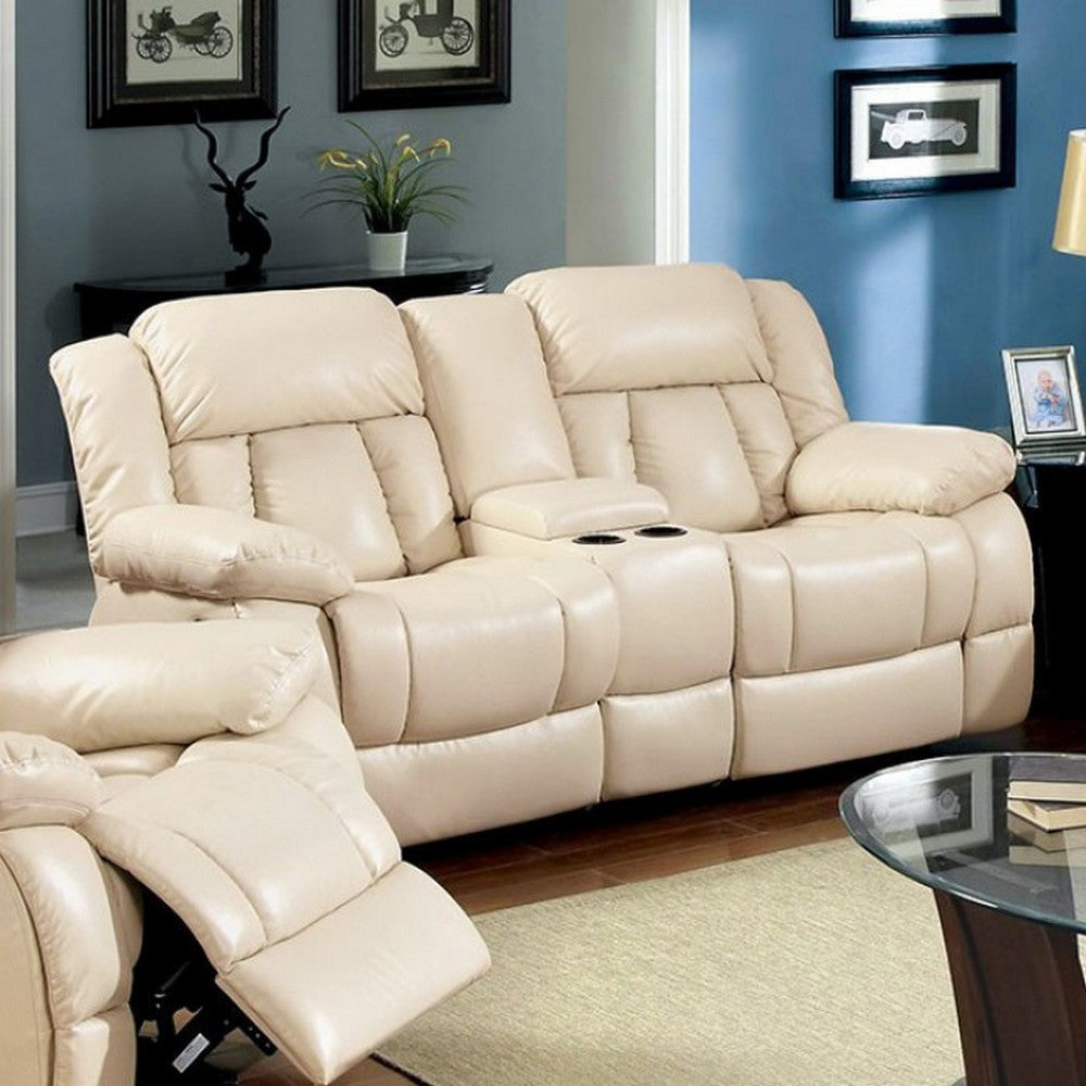 Leatherette Upholstered Transitional Love Seat With Cup Holders, Ivory Cream By Casagear Home