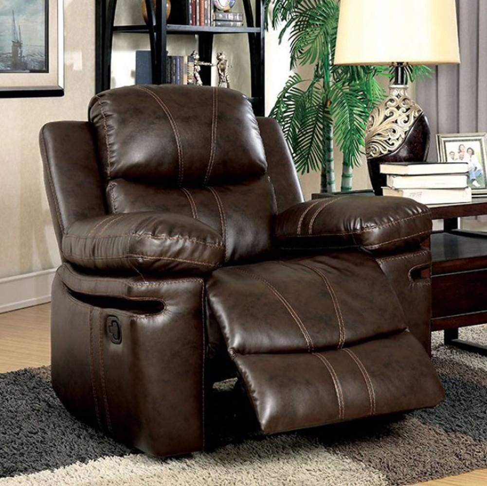 41 Inch Manual Recliner Chair, Brown Bonded Leather, Contrast Stitching