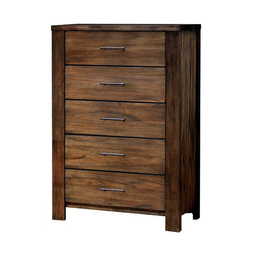 5 Drawers Transitional Wooden Chest with Antique Bar Pulls, Rustic Brown By Casagear Home