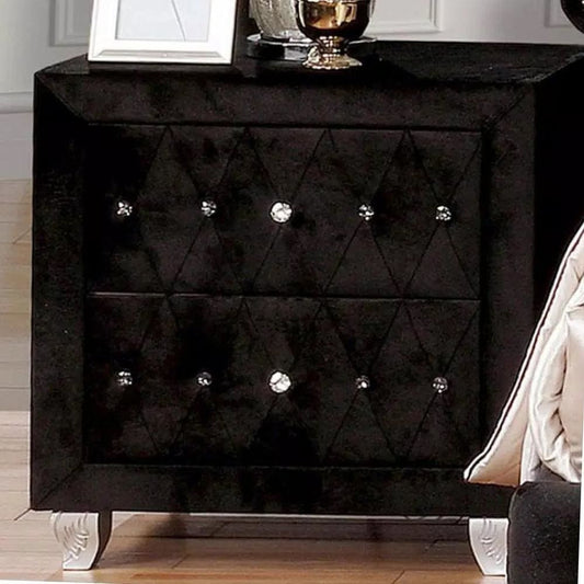 Fabric Upholstered Solid Wood Nightstand with Two Drawers and Crystal Accents, Black - CM7150BK-N