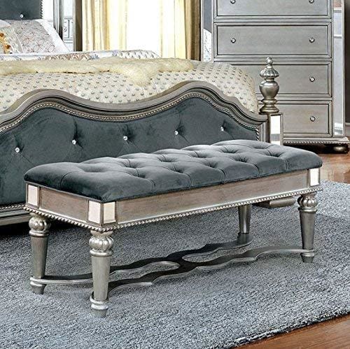 Traditional Solid Wood Bench With Tufted Seat, Silver and Blue By Casagear Home