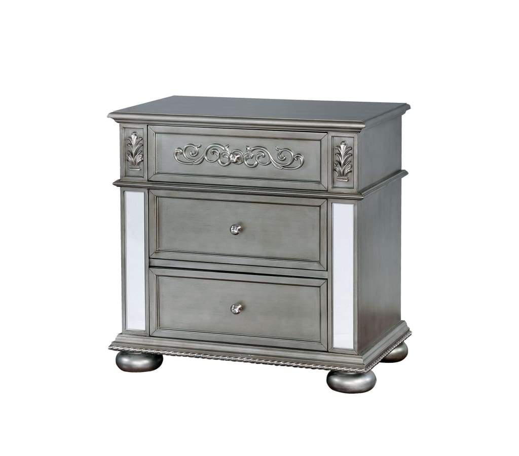 Traditional Solid Wood Night Stand With Floral Carvings Accent, Silver By Casagear Home