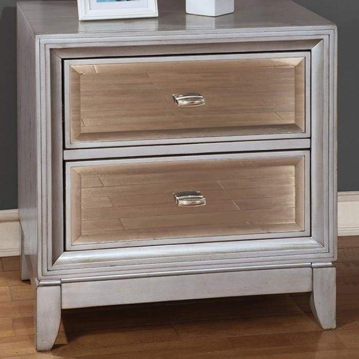 Nightstand | Solid Wood | 2 Drawer | Contemporary Silver