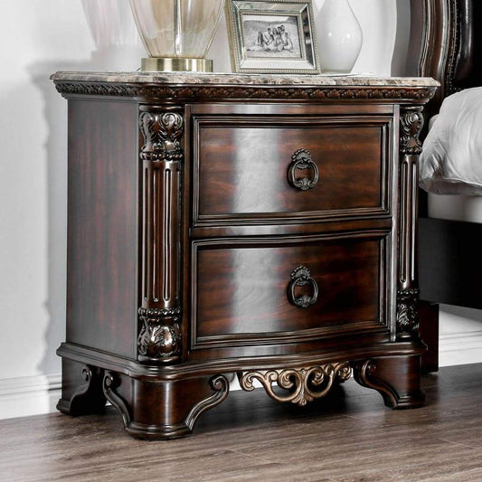 Transitional Wood Night Stand With Genuine Marble Top, Brown By Casagear Home