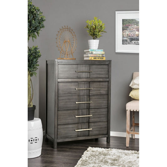 Tall Dresser Chest | 5 Drawer | Transitional Solid Wood | Gray Finish