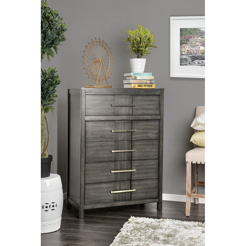 Transitional Solid Wood Chest With Five Drawers, Gray By Casagear Home