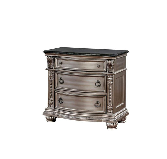 Solid Wood with Marble Top Nightstand with Three Drawers, Silver -CM7670CPN-N By Casagear Home
