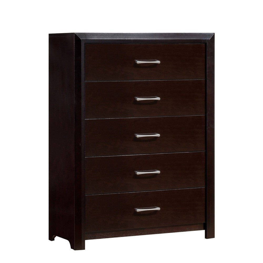 5 Drawer Wooden Chest with Sleek handles, Espresso Brown By Casagear Home