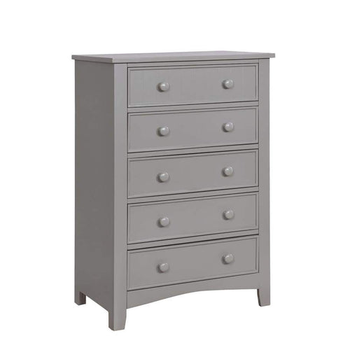 Tall Dresser Chest | 5 Drawer | Solid Wood | Round Knob Pull | Gray Finish