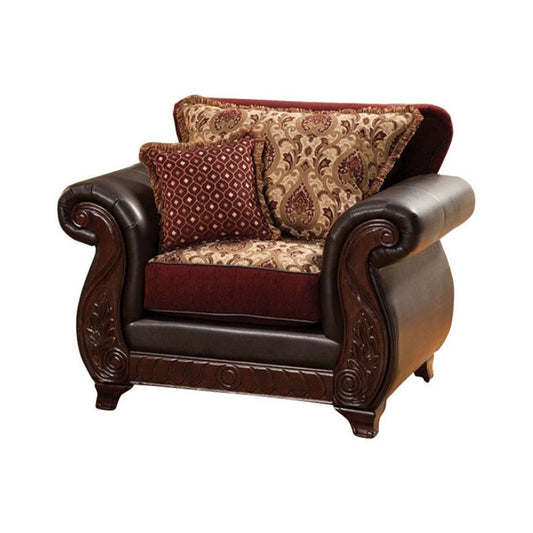 48 Inch Modern Accent Chair, Jacquard, Vegan Faux Leather, Burgundy, Brown By Casagear Home