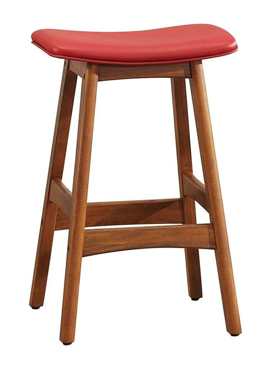 Leatherette Wooden Counter Stool with Saddle Seat, Set of 2, Red and Brown
