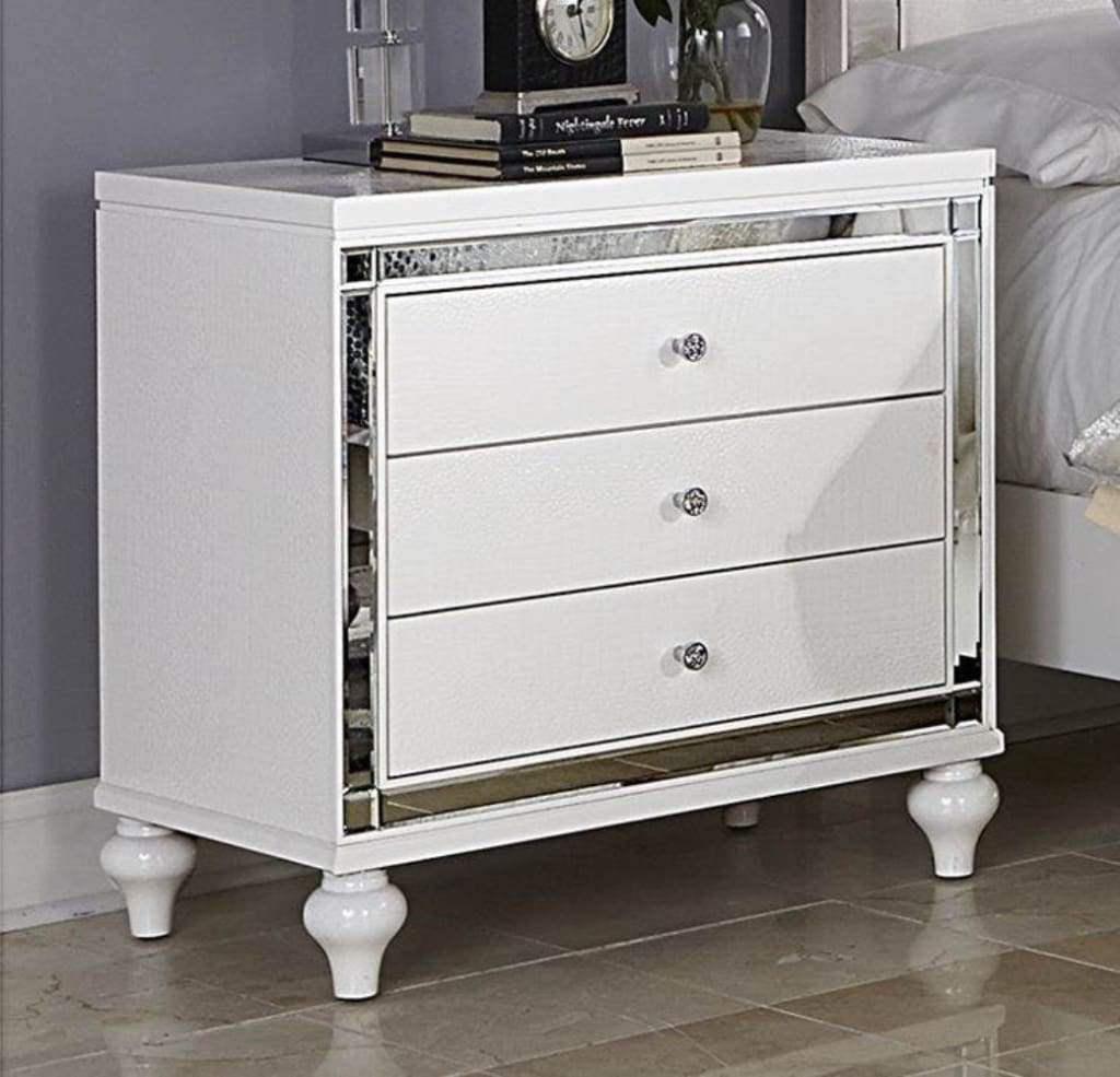 Faux Alligator Embossed Wooden Night Stand With 3 Drawers In White