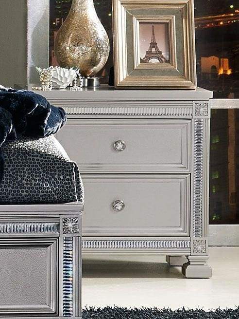 2 Drawer Wooden Night Stand In Contemporary Style, Silver