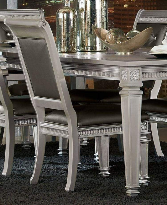 28 Inch Wood Dining Chair, Faux Leather, Acrylic Crystals, Set of 2, Silver