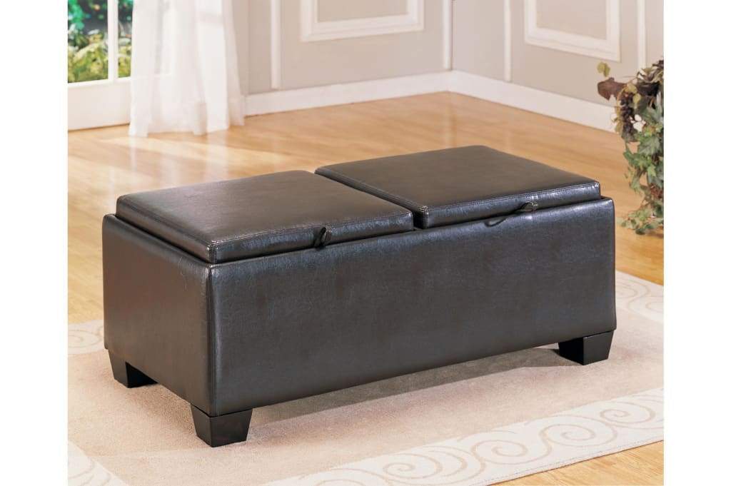 Leatherette Upholstered Storage Wooden Cocktail Ottoman With 2 Fliptops, Black
