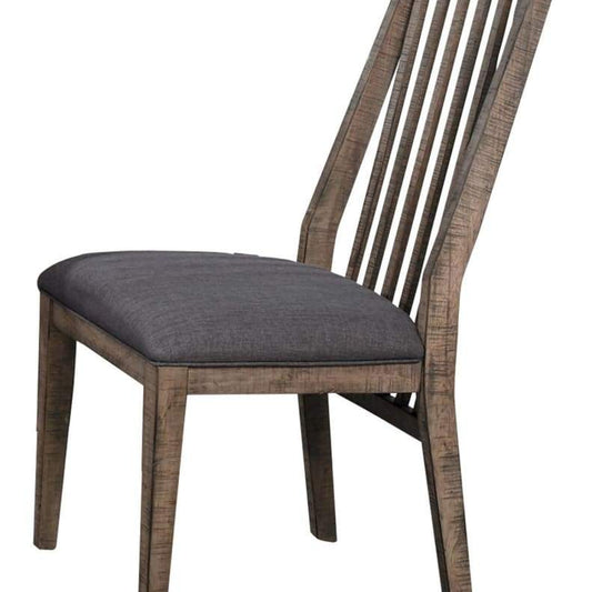 Dining Chair Set of 2 | 25" Rustic Wood | Slatted Back | Gray Fabric
