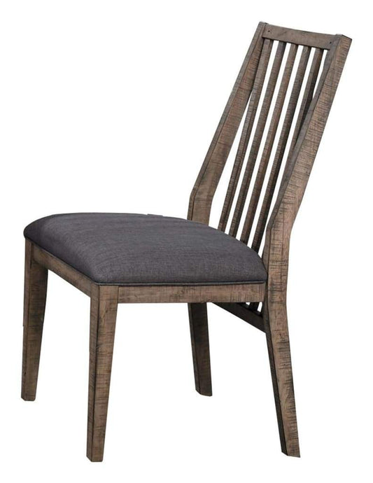 25 Inch Rustic Wood Dining Chair, Slatted Back, Gray Fabric Seat, Set of 2