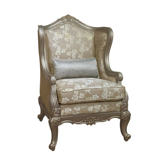 32 Inch Accent Chair, Wingback, Taupe Fabric, Faux Silk Flowers, Gold By Casagear Home
