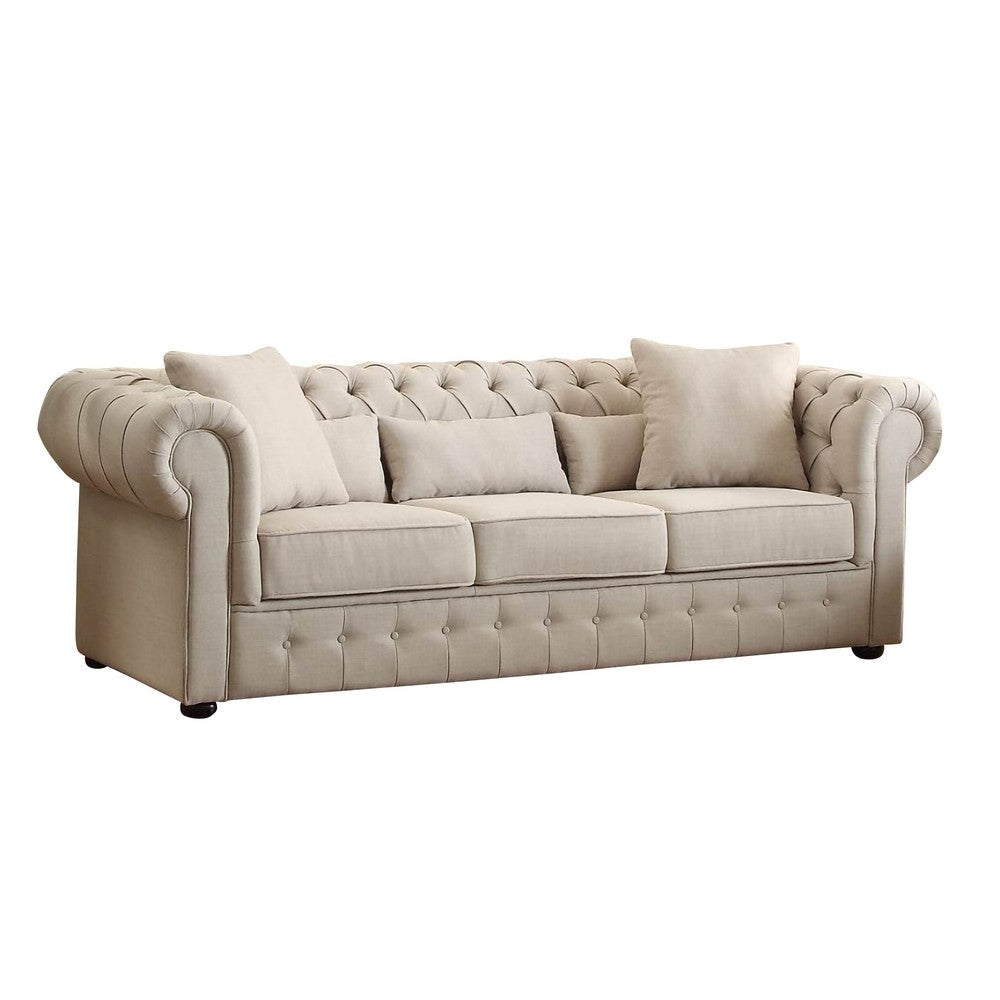 Fabric Upholstered Button Tufted Sofa With 5 Pillows, Beige By Casagear Home