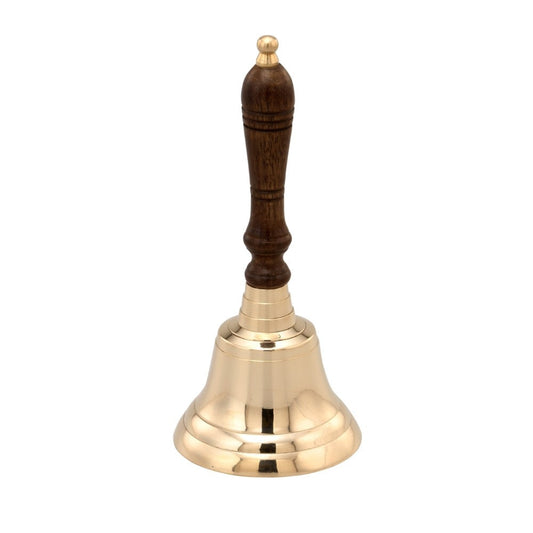 Handcrafted Brass Hand Bell With Wooden Handle, Gold and Brown By Casagear Home