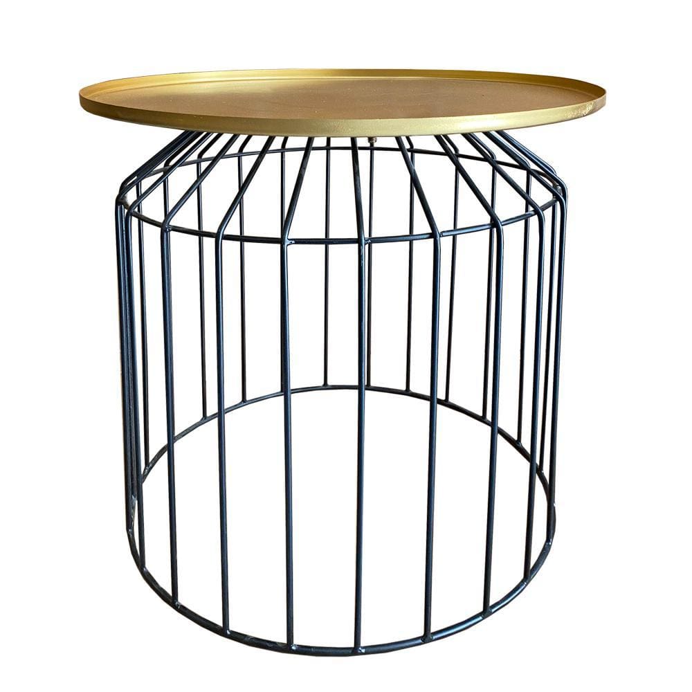 Round Tray Top Metal Accent Side End Table with Tubular Wire Frame Gold and Black I305-HGM022