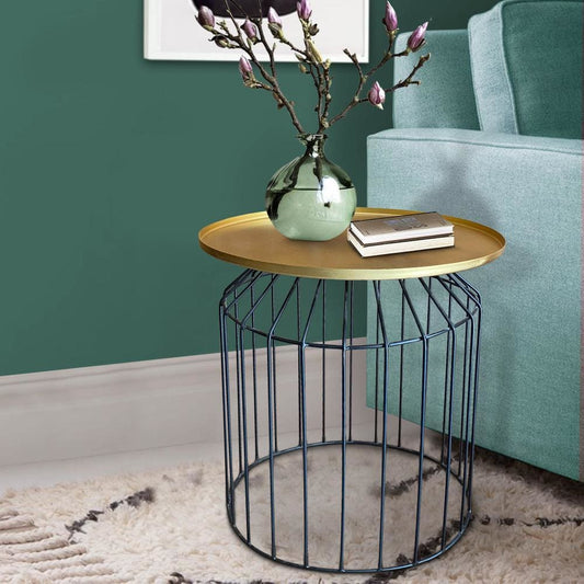 Round Tray Top Metal Accent Side End Table with Tubular Wire Frame, Gold and Black