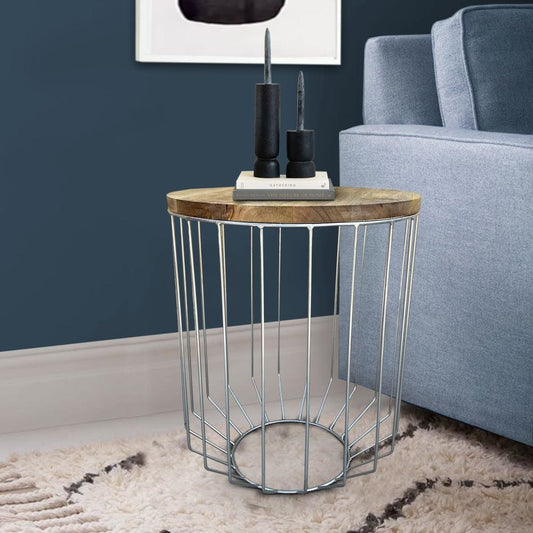 Round Wooden Top Accent Side End Table with Wire Metal Base, Light Brown and Chrome