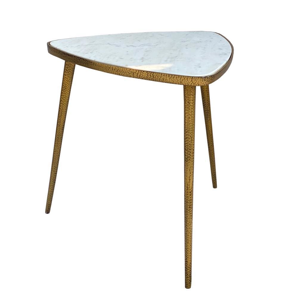 Plectrum Shape Marble Top Accent End Table with Metal Tripod Base White and Gold By Casagear Home I305-HGM024