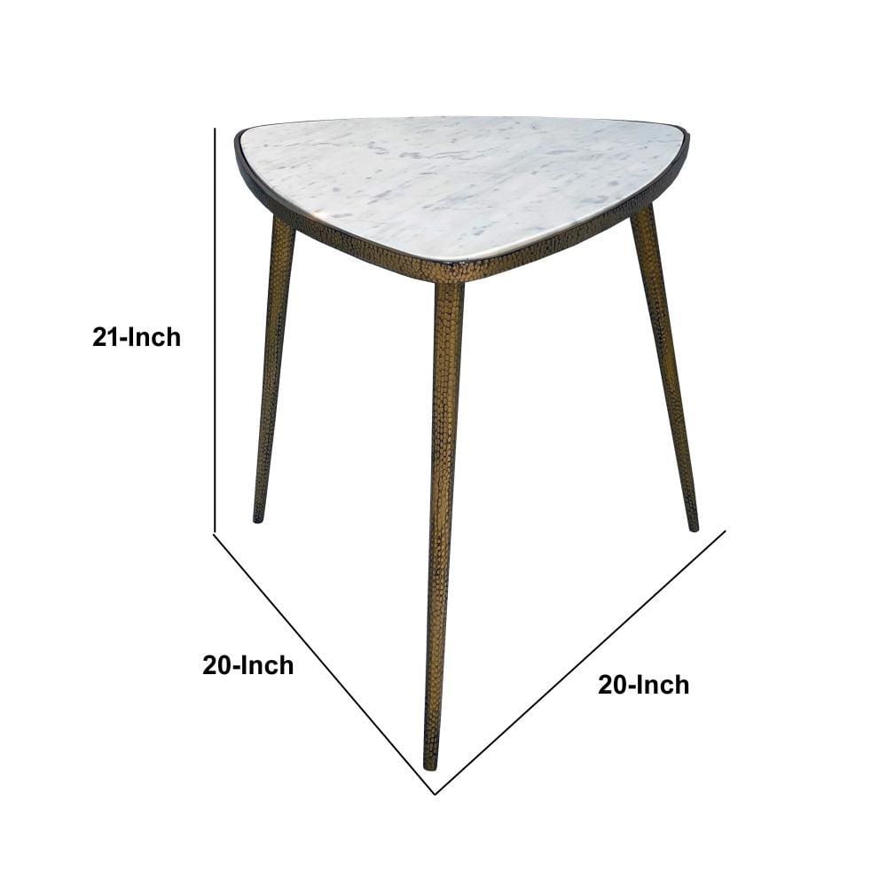 Plectrum Shape Marble Top Accent End Table with Metal Tripod Base White and Gold By Casagear Home I305-HGM024