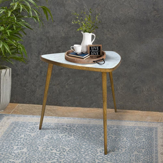 Plectrum Shape Marble Top Accent End Table with Metal Tripod Base, White and Gold By Casagear Home