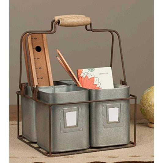 4 Cubby Galvanized Metal Organizer with Movable Wooden Handle, Gray By Benzara