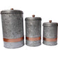 Benzara AMC0014 Galvanized Metal Lidded Canister With Copper Band Set of Three Gray I457-AMC0014