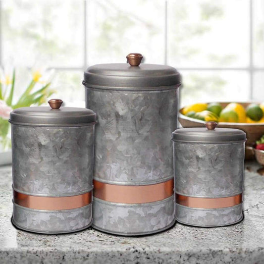 Miri Galvanized Metal Lidded Canister with Copper Band, Set of 3, Antique Gray By Casagear Home