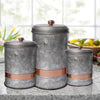 3 Piece Metal Lidded Cannister Set, Copper Band, Galvanized Gray