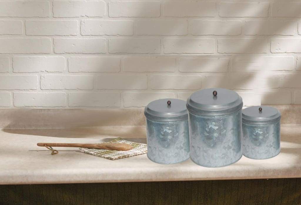 Galvanized Metal Lidded Canister With Ball Knob, Set of Three, Gray-AMC0015