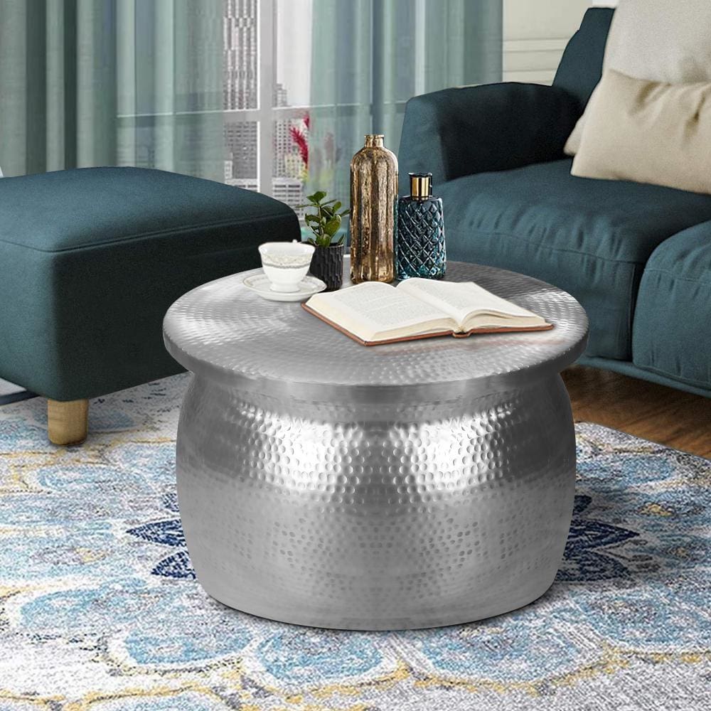 Drum Shape Round Top Aluminum Storage Accent Stool with Lid Top Open, Silver By Casagear Home
