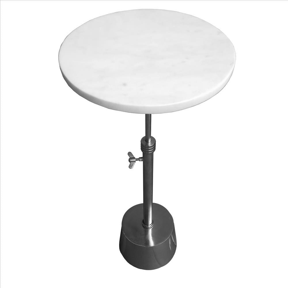 Aluminum Frame Round Side Table with Marble Top and Adjustable Height White and Silver By Casagear Home I457-AMC0022