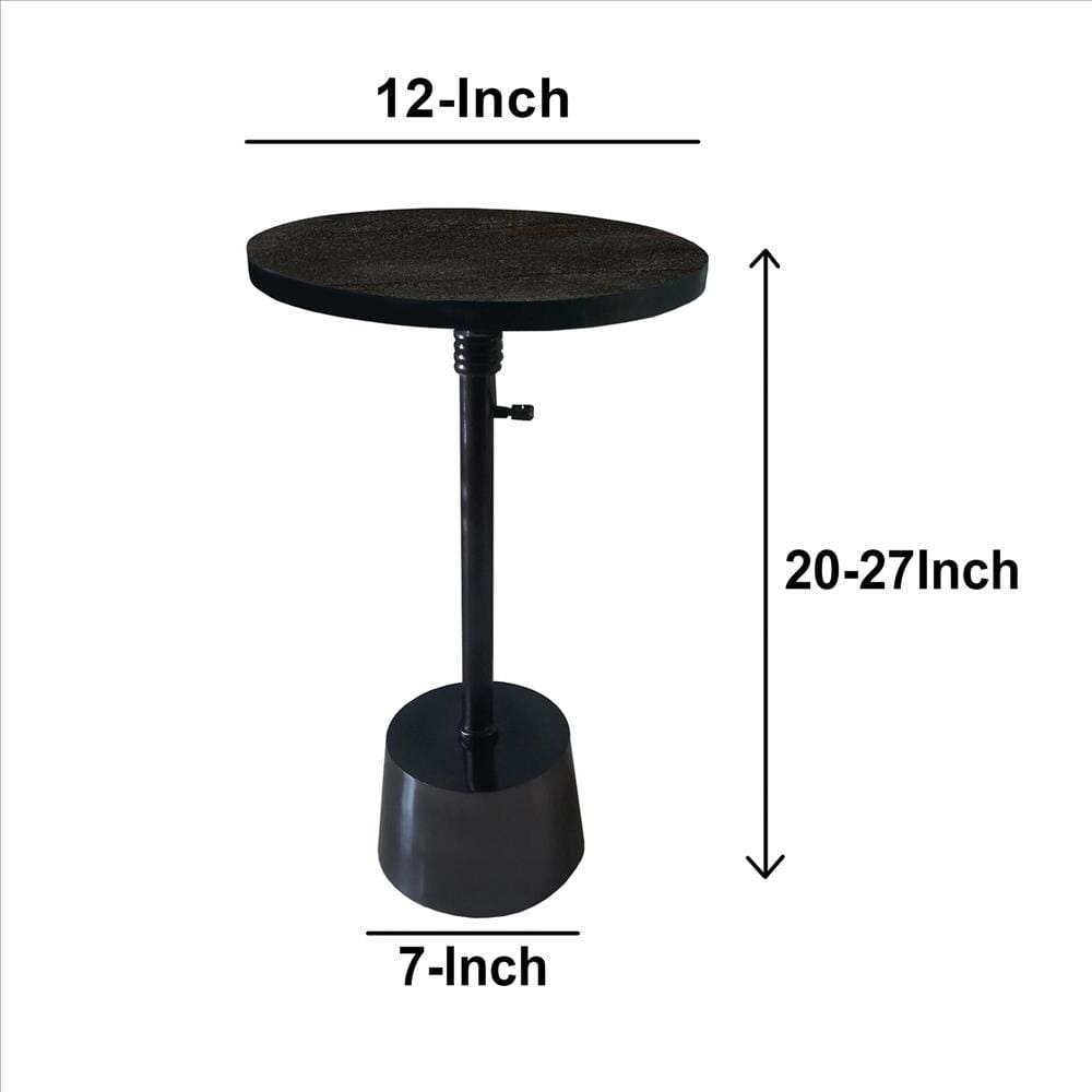 Aluminum Frame Round Side Table with Marble Top and Adjustable Height Black By Casagear Home I457-AMC0023