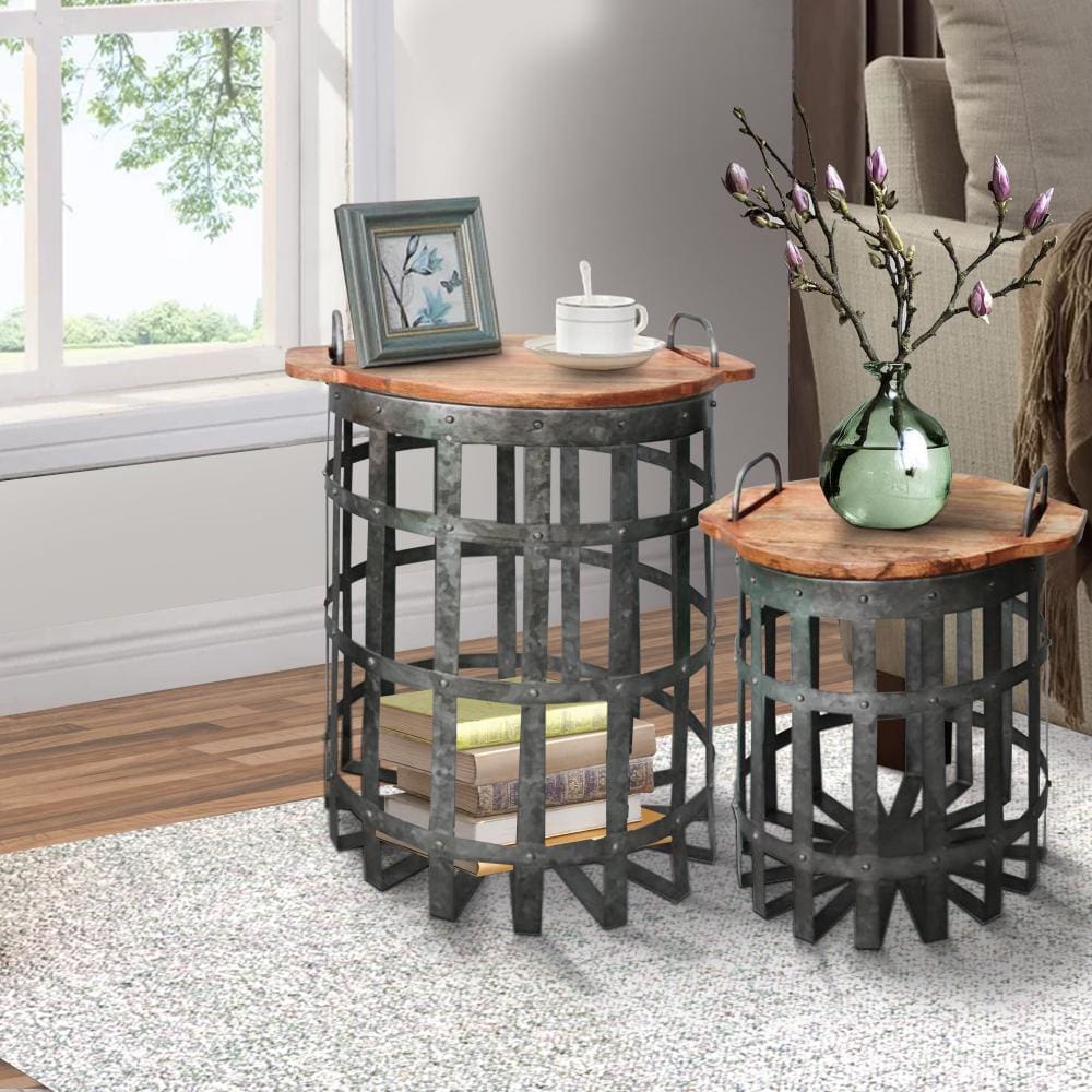 Industrial Grid Galvanized Accent End Table with Round Lid and Handles, Set of 2, Gray and Brown By Casagear Home