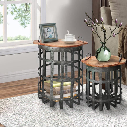 Industrial Grid Base End Table with Wooden Lid, Set of 2,Gray & Brown By Casagear Home