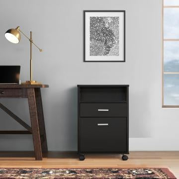 25 Inch 2 Drawer Wood File Cabinet, Printer Stand with Open Cubby , Rolling Caster Wheels, Dark Brown