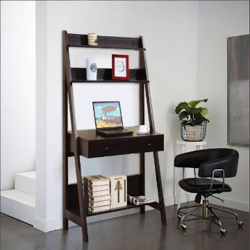 61 Inch Wooden Ladder Desk 3 Shelves 1 Drawer Dark Brown By Casagear Home IDF-12573