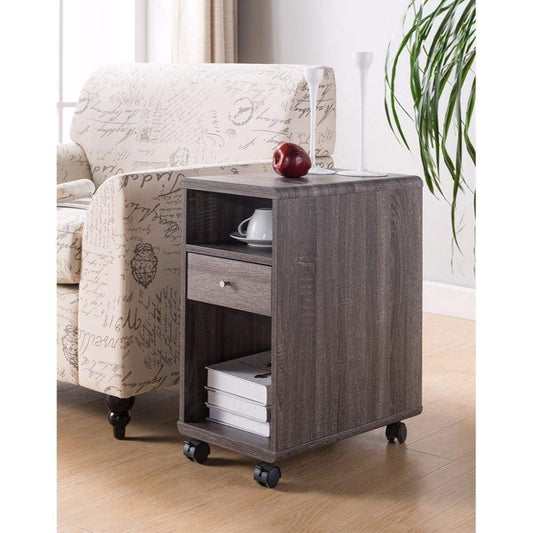 Elegant Chairside Table With Display Shelves and Drawer, Gray