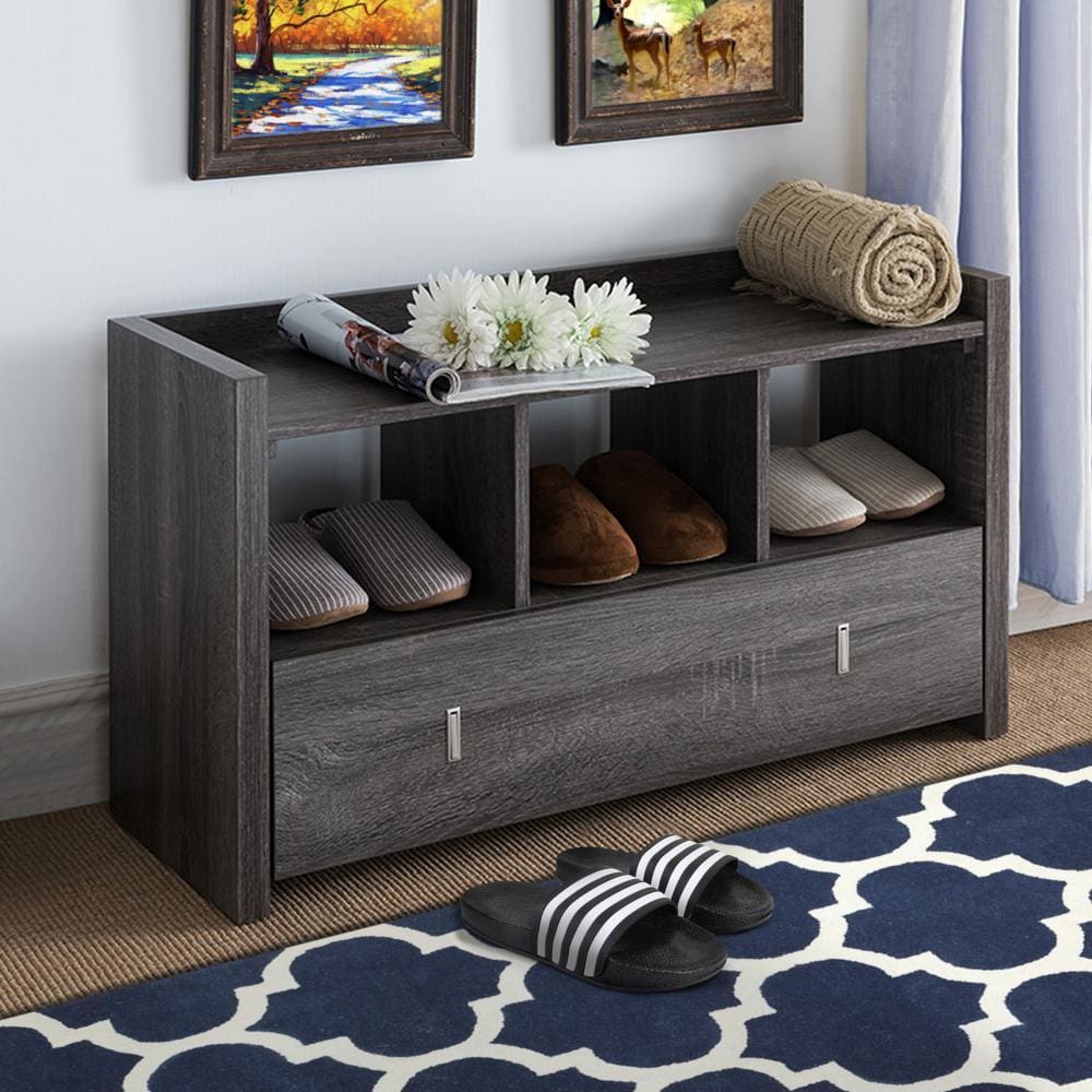 34" Wooden Storage Shoe Rack Bench With 3 Shelves, Gray By Casagear Home