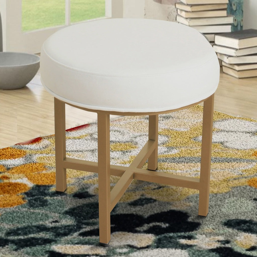 Round Shape Metal Framed Stool with Velvet Upholstered Seat, White and Gold - K7399-B118 By Casagear Home