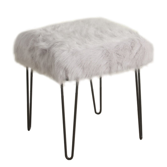Metal Framed Stool with Faux Fur Upholstered Seat and Hairpin Legs, Gray and Black By Casagear Home