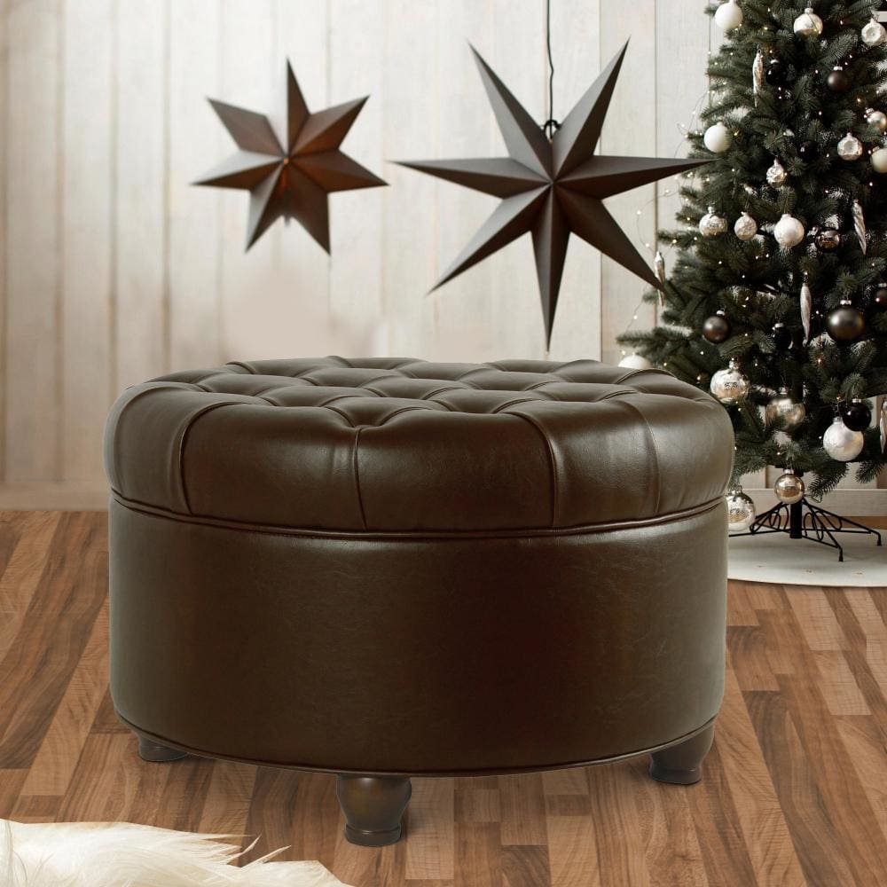 Ottoman | Faux Leather Upholstery | Tufted Lift Off Lid | Brown